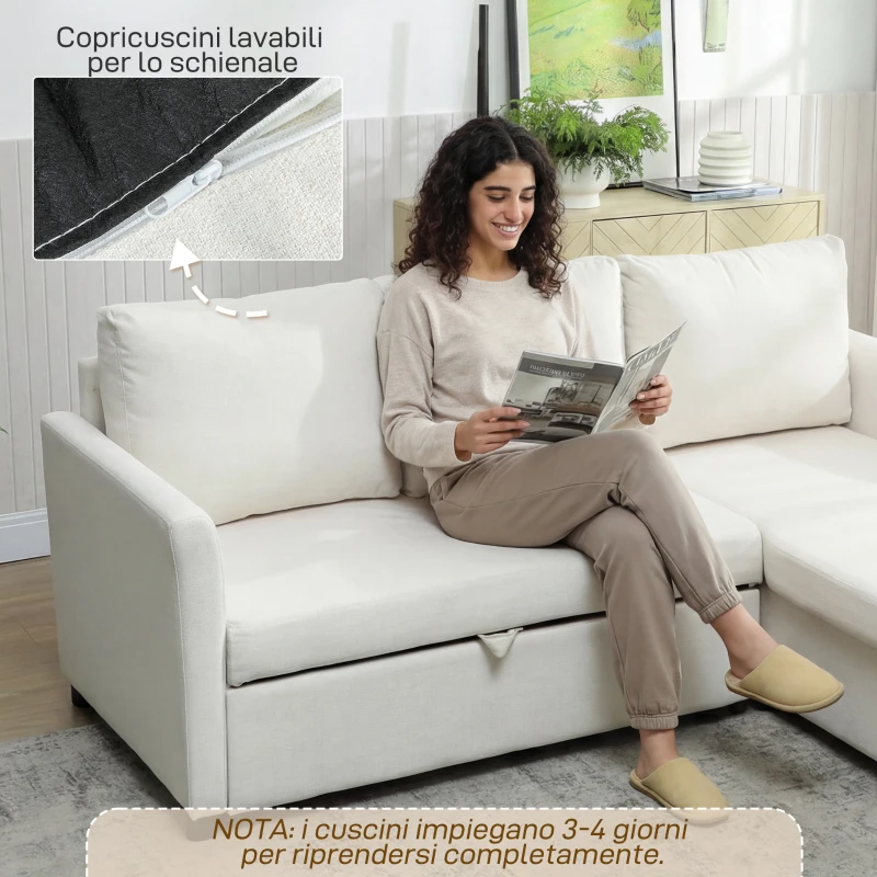 HOMCOM Divano Letto Angolare Effetto Lino con Vano Portaoggetti a Scomparsa, 192x148x86 cm, Bianco Crema
