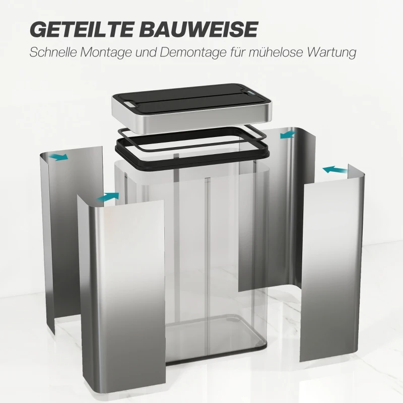HOMCOM Sensor-Mülleimer, 55 L Kapazität, Schmetterlingsdeckel, öffnet automatisch, Edelstahl, Silberfarben