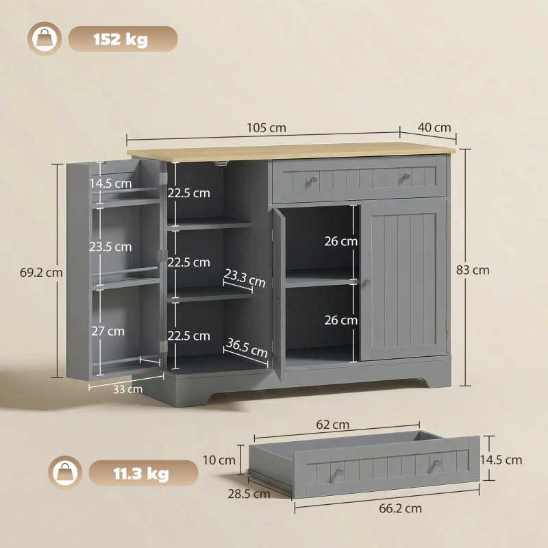 HOMCOM Bufet de bucătărie Dulap de bucătărie cu 3 rafturi pe ușă Sertar Rafturi reglabile pentru dining 105x40x83 cm Gri