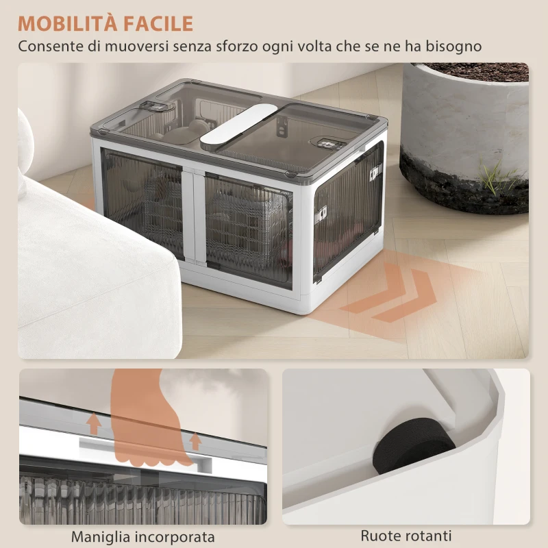 HOMCOM Contenitore in Plastica con Coperchio Impilabile e Pieghevole da 69L, 5 Aperture e Ruote, Bianco