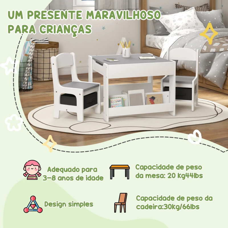 HOMCOM Conjunto de Mesa e 2 Cadeiras Infantis 2 em 1 com Ardósia Gavetas de Tecido e Espaço de Armazenamento para Quarto Cinza