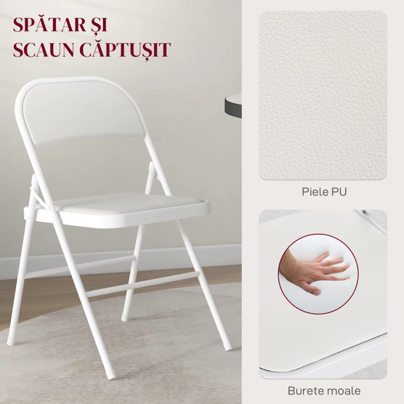HOMCOM Set de 2 Scaune Pliabile, Scaune Moderne cu Perne din Poliester pentru Acasă și Birou, 45x46x78 cm, Alb