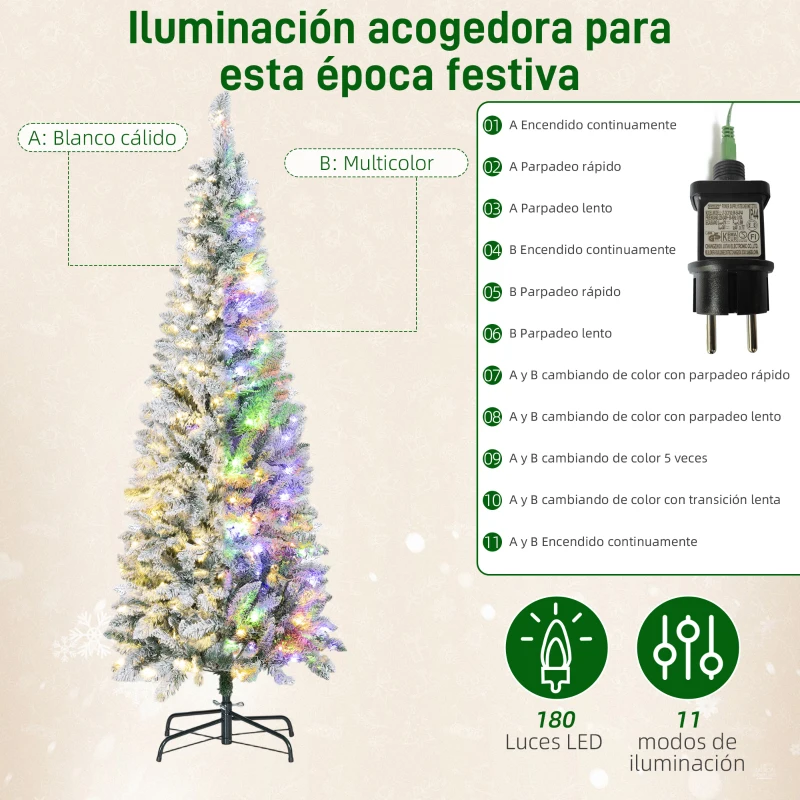 HOMCOM Árbol de Navidad Estrecho 180 cm con Luces LED Bicolores 11 Modos de Iluminación 479 Ramas Verde