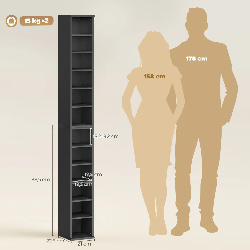 HOMCOM 2er-Set Säulenregale CD-DVD Aufbewahrungsschrank 12 Fächer 21 x 22,5 x 88,5 cm Kapazität 204 CD schwarz