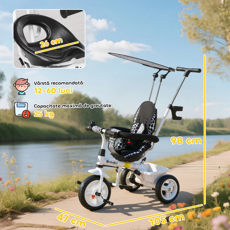 HOMCOM Triciclu pentru Copii cu Mâner de Împingere, Acoperiș Parasolar, Bară de Siguranță și Coș, 105x47x98 cm, Alb