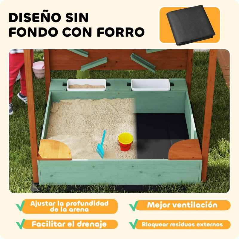 AIYAPLAY Arenero para Niños de Madera con Techo Arenero Infantil con 2 Asientos 2 Cajas Grifo Embudo 116x112,5x128 cm Verde