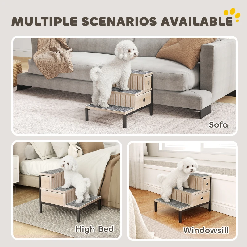 PawHut Dog Stairs with Storage, Non-Slip Cover, Pet Steps for Small Dogs & Older Cats, for Sofa, High Bed, Oak Tone