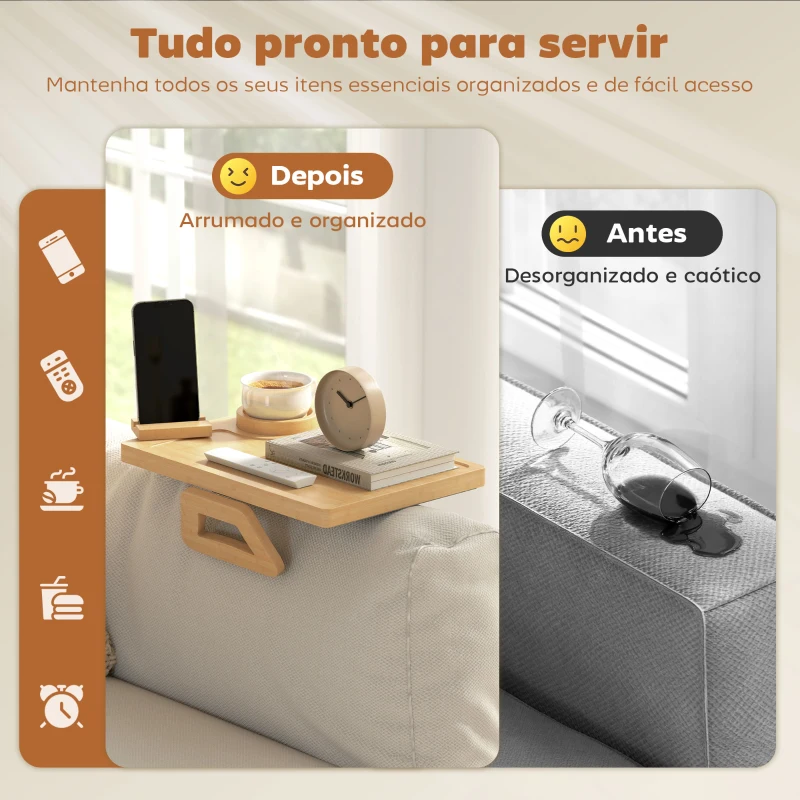 HOMCOM Bandeja para Apoio de Braço de Sofá em Bambu com Porta-Copos Extraível e Suporte Giratório 360° 33x23x5 cm Madeira