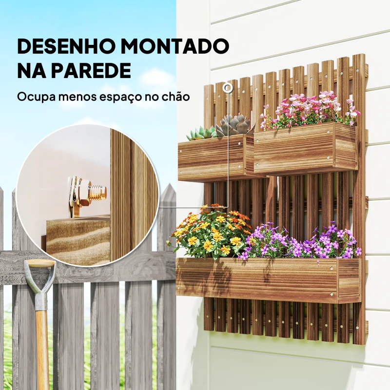Outsunny Floreira de Parede com Treliça Floreira Vertical de Madeira com 4 Vasos Móveis e Orifício de Drenagem  60x16x80 cm Madeira Carbonizada