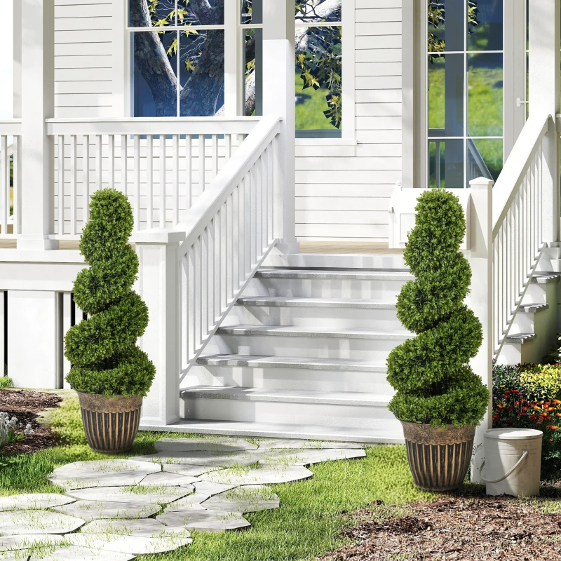 HOMCOM Set of 2 Artificial Plants, Topiary Spiral Boxwood Trees with Pot, for Home Indoor Outdoor Decor, 90cm