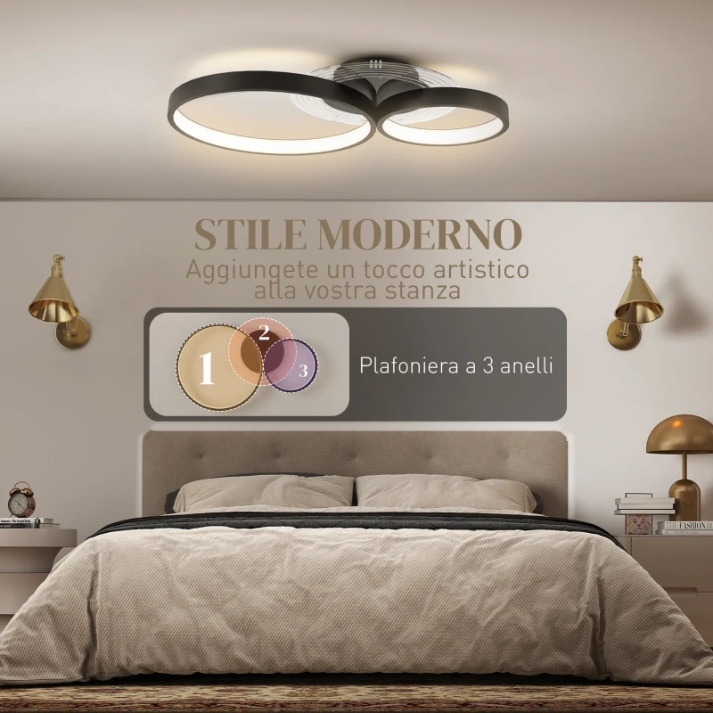 HOMCOM Plafoniera LED Moderna a 3 Anelli con Temperatura Colore Regolabile, Potenza 40W, Nero