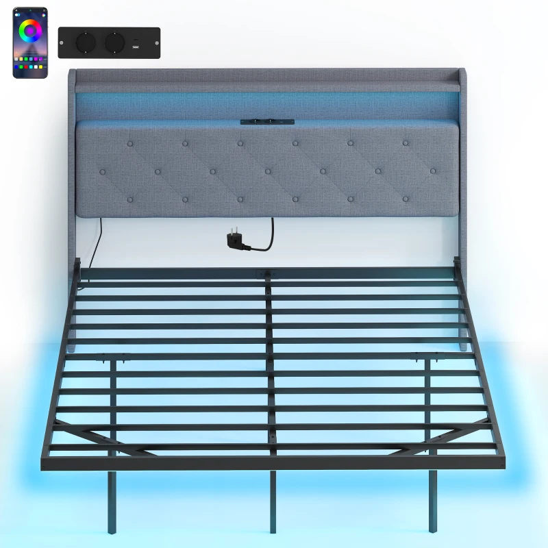 HOMCOM Estructura de cama 140 x 190 cm con somier de acero, cama doble flotante con luces LED RGB y estación de carga, gris