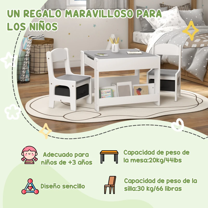 HOMCOM Juego de Mesa con Sillas para Niños 3 en 1 con Pizarra Cajones de Tela y Espacio de Almacenamiento Blanco y Gris