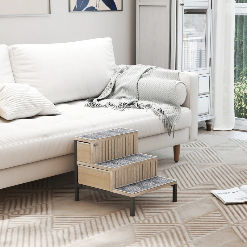 PawHut Dog Stairs with Storage, Non-Slip Cover, Pet Steps for Small Dogs & Older Cats, for Sofa, High Bed, Oak Tone