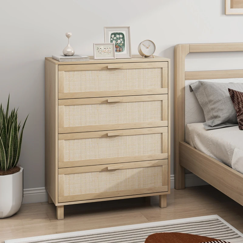 HOMCOM Kommode 4 Schubladen Rattangeflecht Maße 80L x 40l x 103H cm MDF Hellholz-Optik