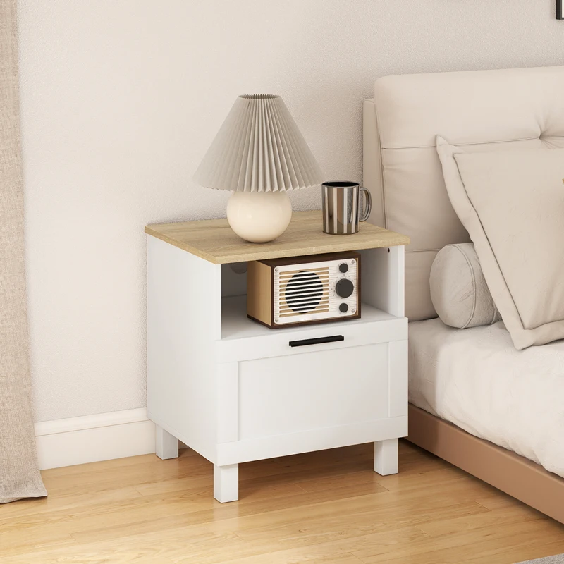 HOMCOM Mesa de Cabeceira Moderna Minimalista com Gaveta e Prateleira Aberta em Madeira 45x38x50 cm Branco e Cor Madeira