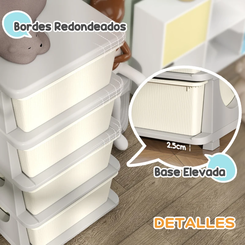 HOMCOM Torre de Almacenamiento Infantil con 4 Cajones para Niños de +3 Años con Bordes Redondeados y Asas 37x37x76 cm Crema