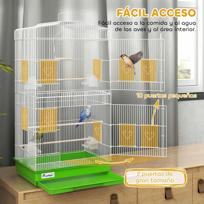 PawHut Jaula para Pájaros Pajarera de Metal con 4 Comederos 3 Perchas Columpio y Bandeja Extraíble Asa 46,5x35,5x92 cm Verde