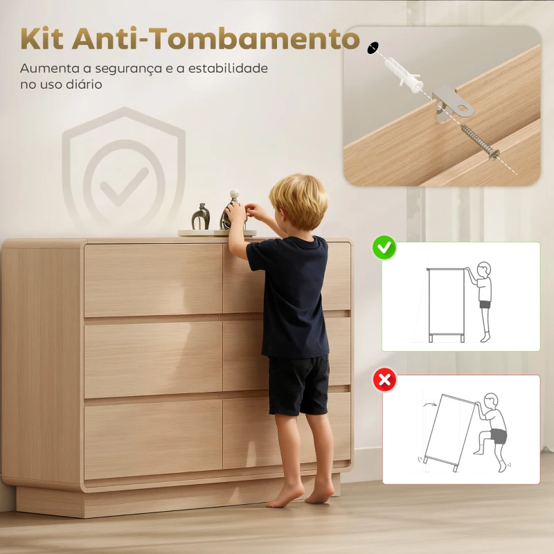 HOMCOM Cómoda com 6 Gavetas Bordos Arredondadas Cómoda para Sala Cozinha Entrada Escritório 120x38x86 cm Madeira