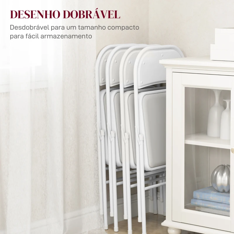 HOMCOM Conjunto de 4 Cadeiras Dobráveis com Encosto e Estrutura de Aço para Sala de Estar escritório Estúdio 45x46x78 cm Branco