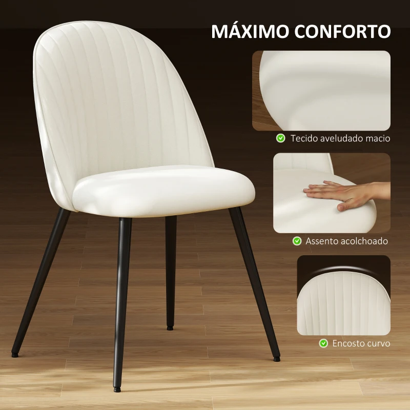 HOMCOM Conjunto de 4 Cadeiras de Sala de Jantar Modernas Cadeiras Estofadas em Veludo com Encosto Alto e Pés de Aço 50x52x83 cm Creme
