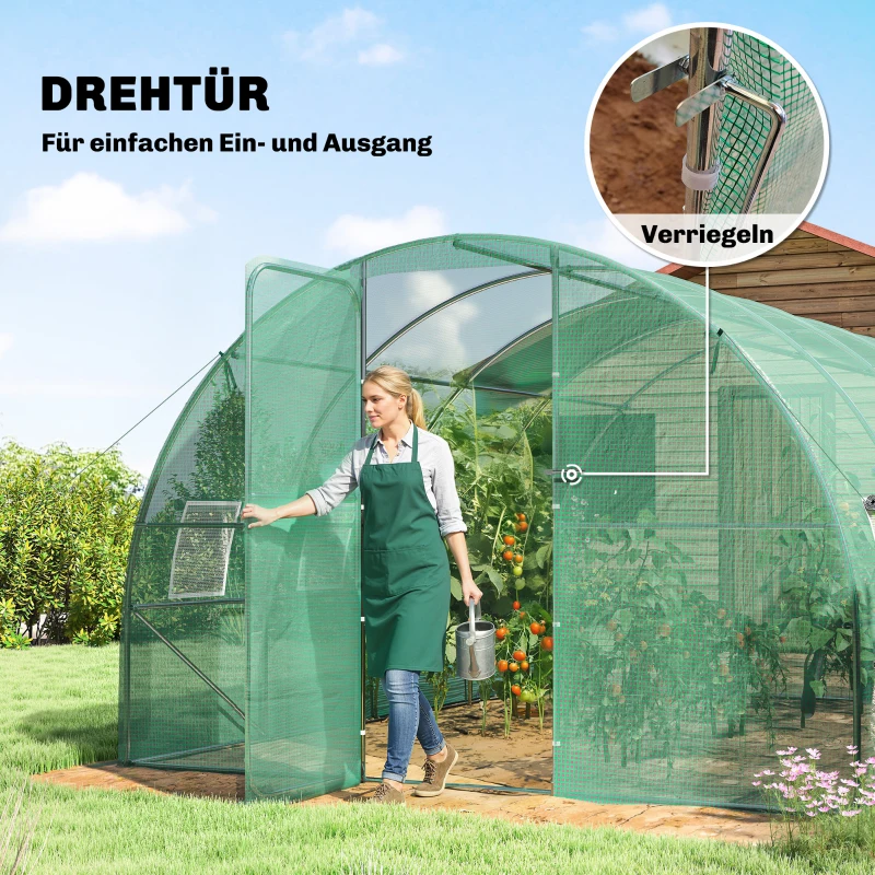 Outsunny Gewächshaus ca. 4 x 3 x 2 m Foliengewächshaus mit Abschließbar Anschlag-Tür 8 Rollbar Netzfenster Stützstangen