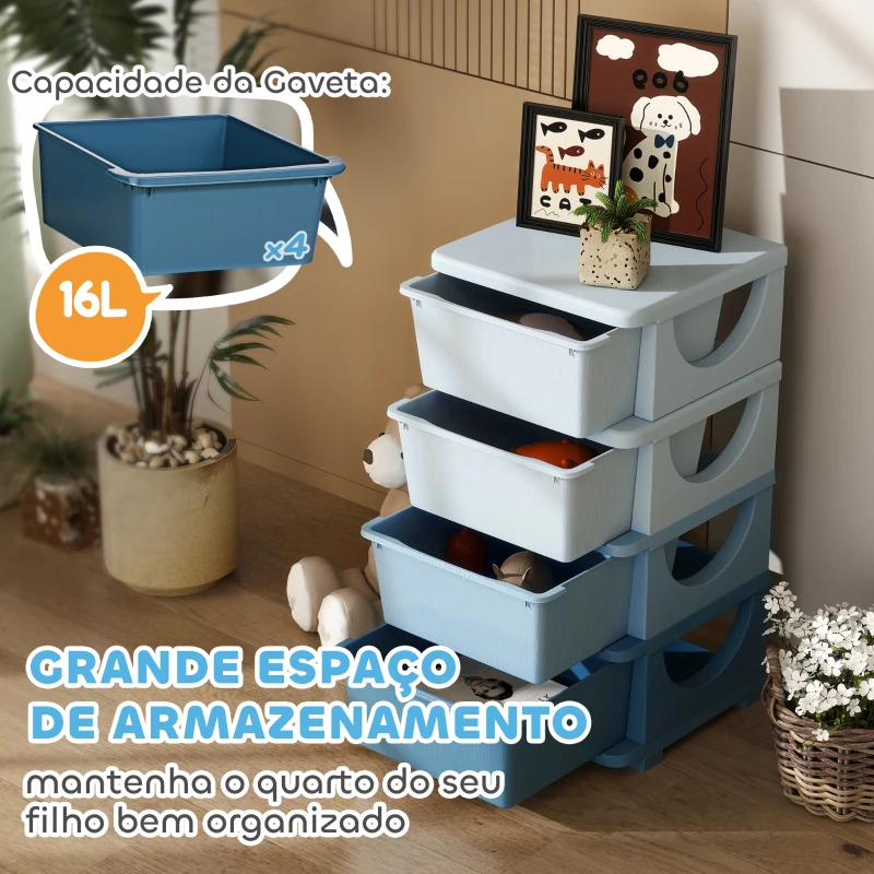 HOMCOM Organizador de Brinquedos com 4 Gavetas Torre de Arrumação para Crianças +3 Anos Cantos Arredondados e Pegas 37x37x76 cm Azul