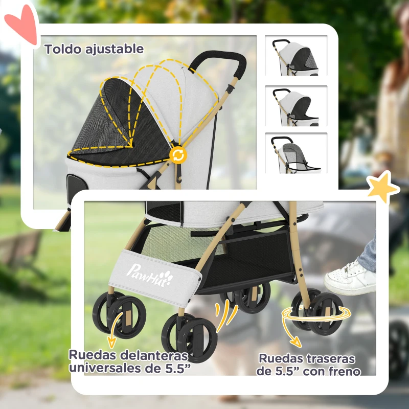 PawHut Carrito para Mascotas con 2 Puertas Ventana de Malla Cesta de Almacenamiento Cuerda de Seguridad 80x44,5x97 cm Gris Claro