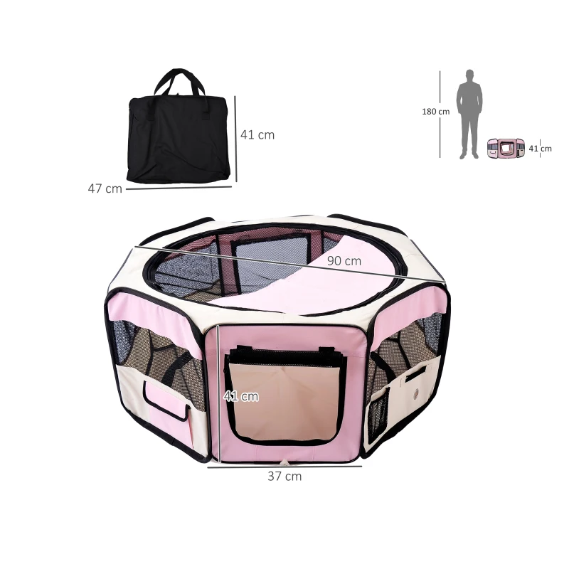 PawHut Parque Dobrável para Cães e Gatos Corralito Portátil para Animais Pequenos Impermeável em Tecido Oxford Ø90x41 cm Rosa