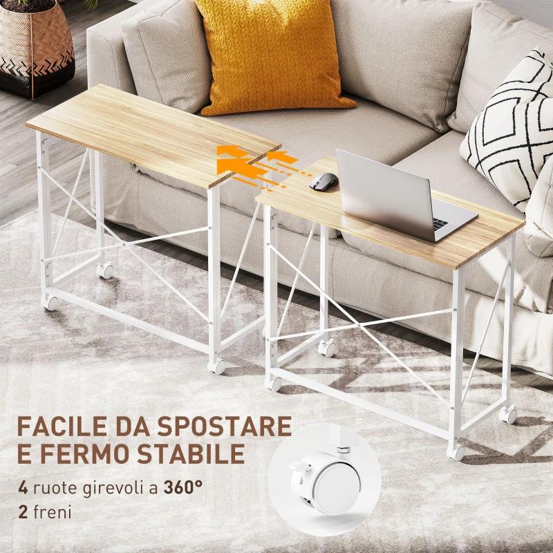 HOMCOM Scrivania Pieghevole Salvaspazio con 4 Ruote e Freno, 80x40x75 cm, Legno