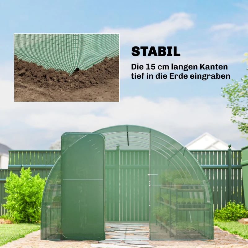 Outsunny Gewächshaus ca. 4 x 3 x 2 m Foliengewächshaus mit Abschließbar Anschlag-Tür 8 Rollbar Netzfenster Stützstangen