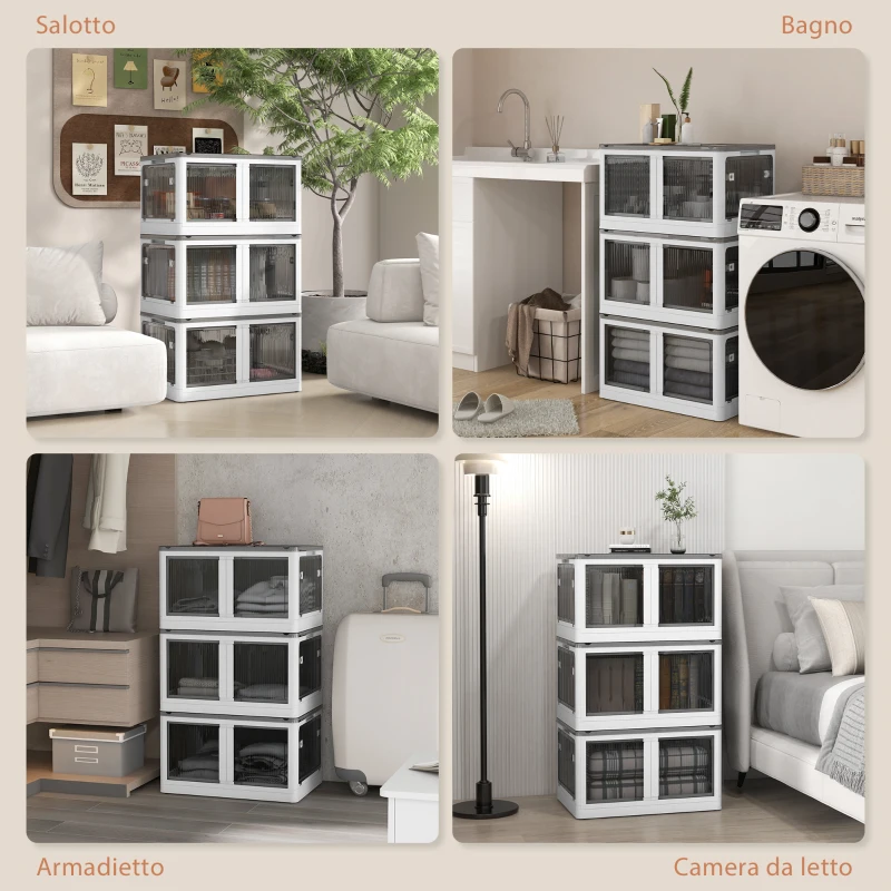 HOMCOM Contenitore in Plastica con Coperchio Impilabile e Pieghevole da 69L, 5 Aperture e Ruote, Bianco