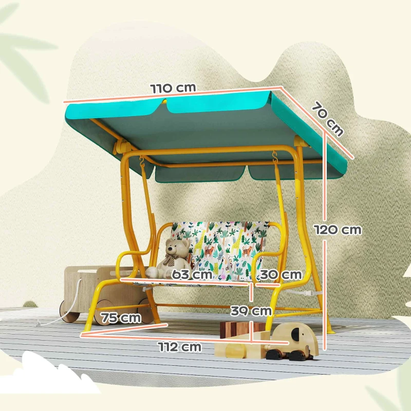 AIYAPLAY 2-zits Kinder Hollywoodschommel met verstelbaar Sonnendach Sicherheitsgurt voor 3-6 Jahre bis 60 kg 112x75x120cm Groen
