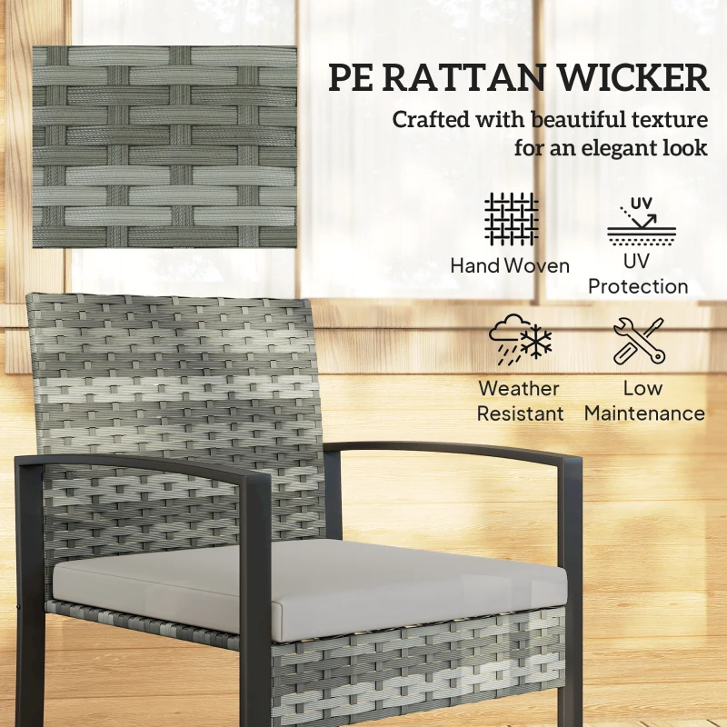 Outsunny Rattan Bistroset, 3 teiliges Gartenmöbel-Set mit 2 Gartenstühlen, Couchtisch, abnehmbar Kissen Hellgrau