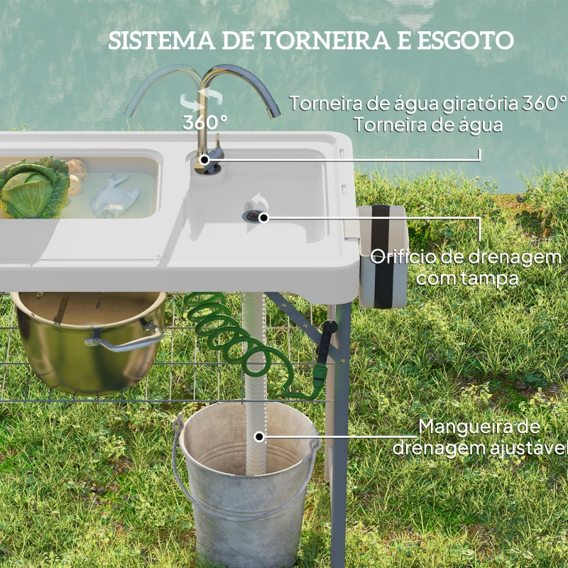 Outsunny Mesa para Campismo Dobrável Mesa com 2 Lavatórios Mangueira de Drenagem Estação de Limpeza 108x58x92 cm Branco