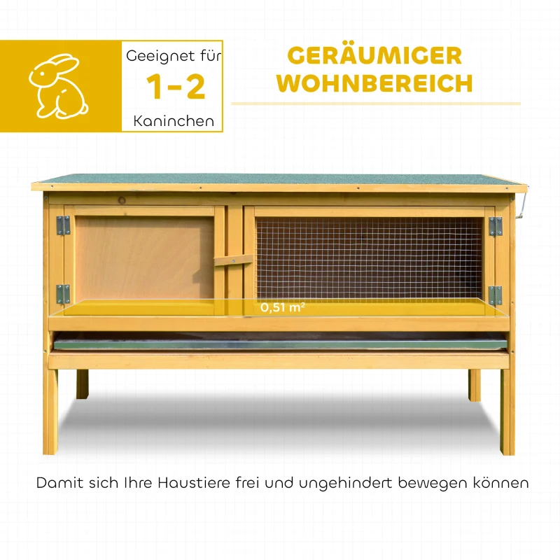 PawHut Hasenstall Kaninchenstall aus Holz mit aufklappbarem Dach, 2 Türen, auslaufsicherer Schale, 115x44,3x65 cm Hellgelb