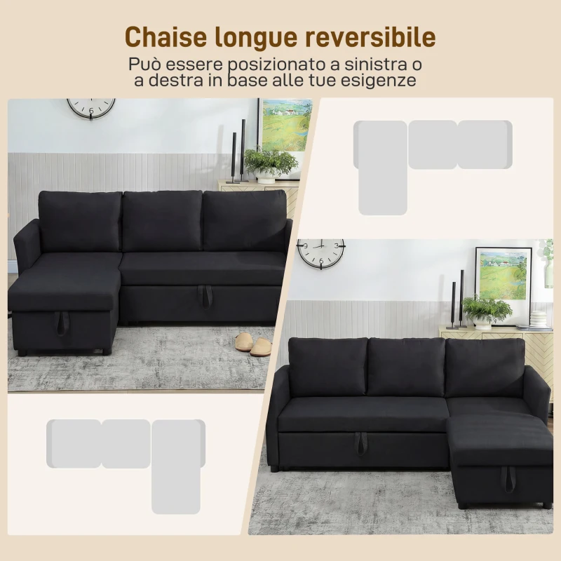 HOMCOM Divano Letto Angolare Effetto Lino con Vano Portaoggetti a Scomparsa, 192x148x86 cm, Grigio Antracite