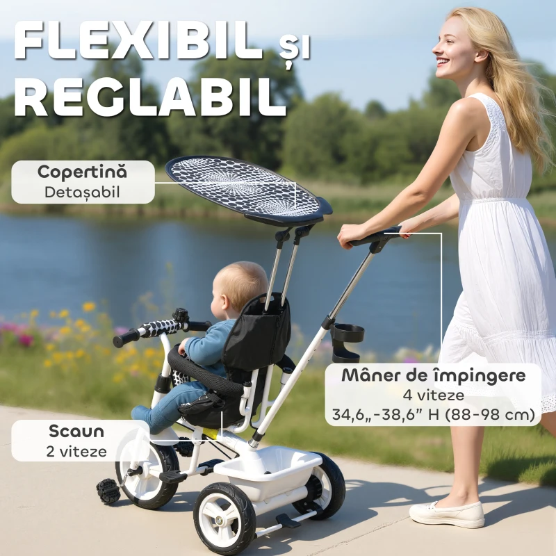 HOMCOM Triciclu pentru Copii cu Mâner de Împingere, Acoperiș Parasolar, Bară de Siguranță și Coș, 105x47x98 cm, Alb