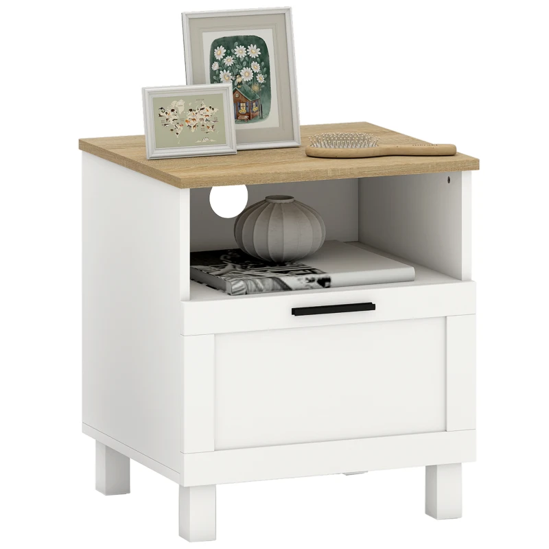 HOMCOM Mesa de Cabeceira Moderna Minimalista com Gaveta e Prateleira Aberta em Madeira 45x38x50 cm Branco e Cor Madeira