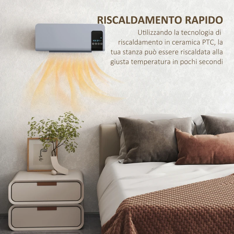HOMCOM Termoventilatore da Parete Oscillante con Telecomando, Timer 12h e 2 Modalità, 54.5x12x21.5 cm, Grigio