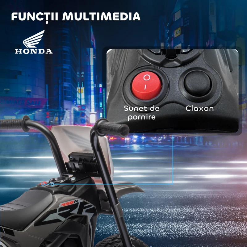 HOMCOM Motocicletă Electrică pentru Copii sub Licență Honda CRF450RL cu 3 Roți și Claxon, 71x40.5x43.5 cm, Gri