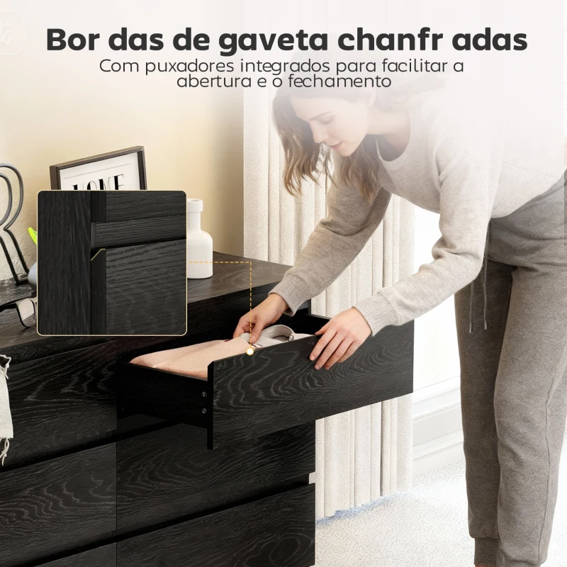 HOMCOM Cómoda com 6 Gavetas Estilo Moderno 140x40x71 cm Preto com Efeito Madeira