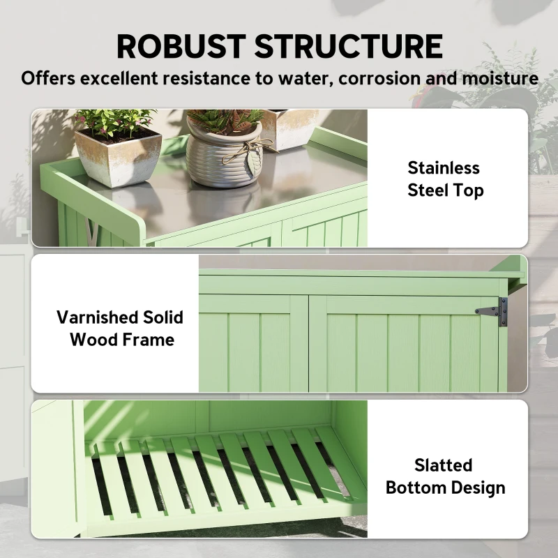 Outsunny Wooden Garden Shed, Garden Tool Storage Shed with Hinged Roof and Shelf, Outdoor Storage Cabinet with Double Doors, Light Green