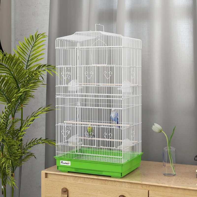 PawHut Jaula para Pájaros Pajarera de Metal con 4 Comederos 3 Perchas Columpio y Bandeja Extraíble Asa 46,5x35,5x92 cm Verde