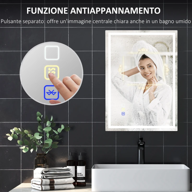 HOMCOM Specchio Bagno Antiappannante con Luce LED Regolabile, Speaker Bluetooth, Pulsanti Touch, 50x70 cm