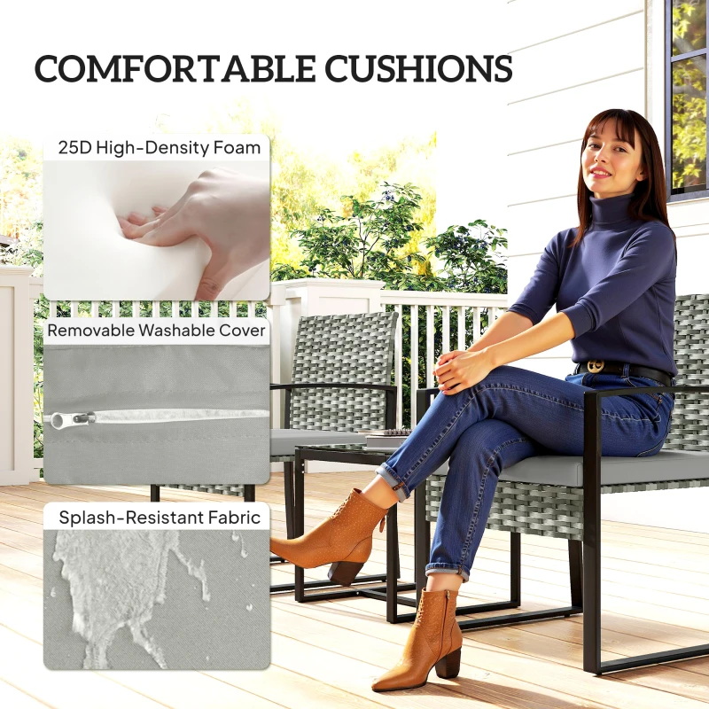 Outsunny Rattan Bistroset, 3 teiliges Gartenmöbel-Set mit 2 Gartenstühlen, Couchtisch, abnehmbar Kissen Hellgrau