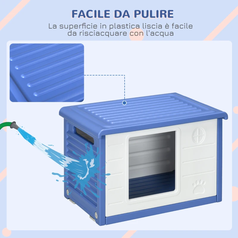 PawHut Cuccia per Cani Taglia Piccola da Esterno in PE con Ingresso e 2 Prese d'Aria Laterali, 60x42x40 cm, Blu e Bianco