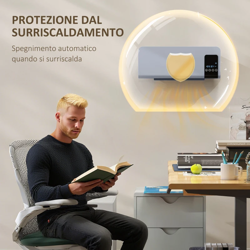 HOMCOM Termoventilatore da Parete Oscillante con Telecomando, Timer 12h e 2 Modalità, 54.5x12x21.5 cm, Grigio