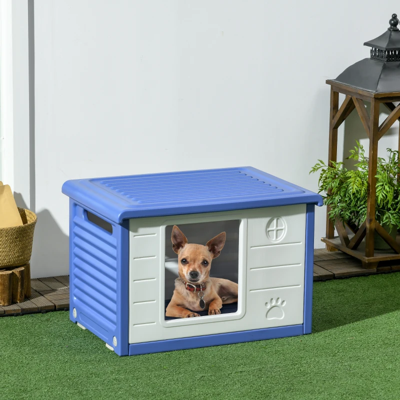 PawHut Cuccia per Cani Taglia Piccola da Esterno in PE con Ingresso e 2 Prese d'Aria Laterali, 60x42x40 cm, Blu e Bianco
