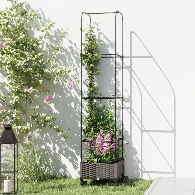 Outsunny Jardinière surélevée avec treillis bac mobile à roulettes trou de drainage, bac de plantation 40 x 40 x 185 cm